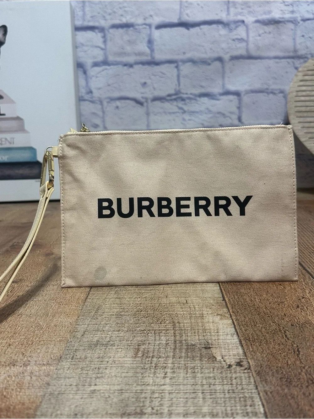 Burberry Beige Canvas Logo Wristlet Pouch with Black Lettering